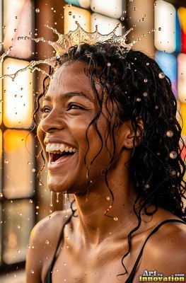Woman with a smile with wet curly hair as water splashes over her head