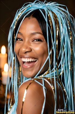 Blue and gold streamers drape over the dark hair of a chuckling woman by candlelight