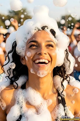 A grinning woman is covered in white foam bubbles under warm sunlight
