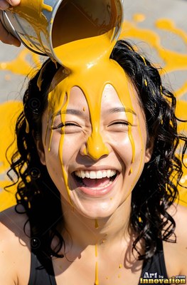 Head tilted back outdoors, a woman laughing gets yellow paint poured on her face