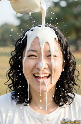 A smiling woman outdoors in a white shirt gets milk poured over her dark hair