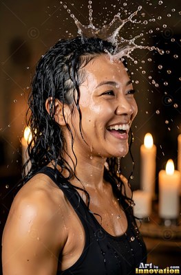 Laughing with wet hair, a grinning woman ends up splashed on the head near candles