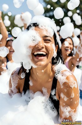 Grinning woman covered in white soap foam outdoors
