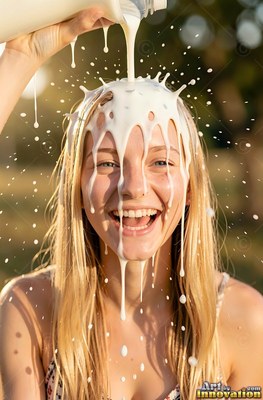 A laughing blonde woman gets milk poured over her head outdoors in warm sunlight