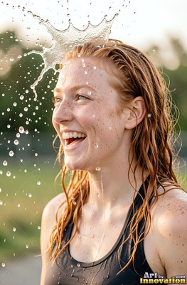 Laughing outdoors, a red-haired woman in a black tank top gets splashed with water