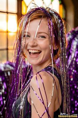 A smiling young woman covered in purple and silver tinsel streamers