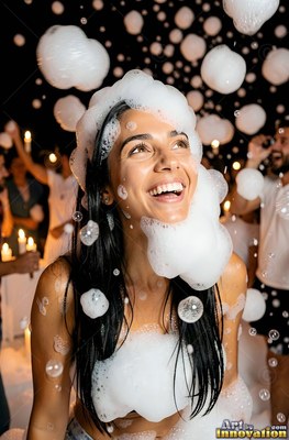 Dark hair covered in white foam, a smiling woman stands at a night party
