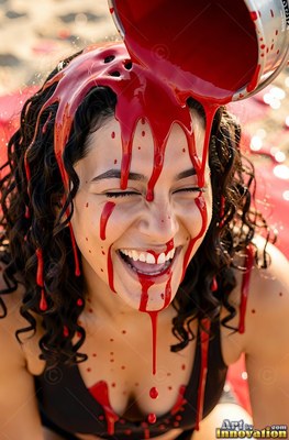 A woman with a smile ends up bright red liquid poured over her head in the sunlight