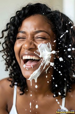 A laughing woman gets hit in the face with a splash of cream