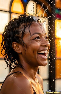 Before stained glass windows, a laughing woman ends up water splashed on her head