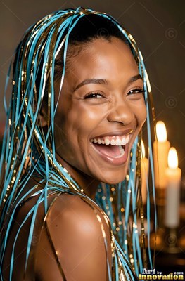 Laughing broadly, a smiling woman wears shiny gold and blue tinsel over her dark hair