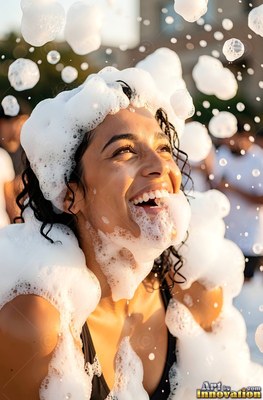 Woman smiling covered in white soap foam outdoors in the sun
