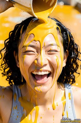 Curly black hair frames a woman in laughter outdoors in bright sun as yellow paint pours on her head