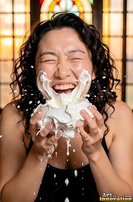 Facing forward by a stained-glass window, a woman in laughter is white foam on her face