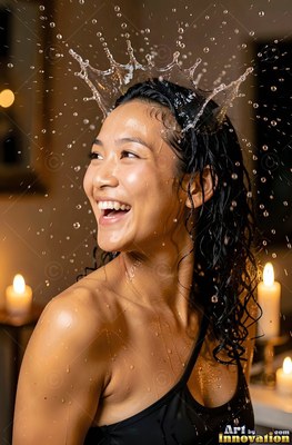 A woman laughing with wet hair as clear water splashes like a crown on her head