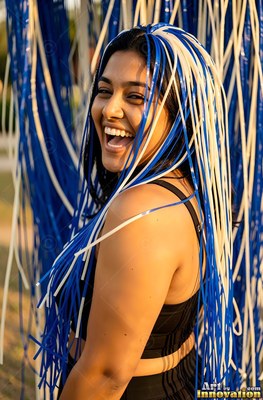 Outdoors, a laughing woman is draped in blue and white party streamers