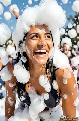 Laughing outdoors in the bright sun, a woman is covered in white foam