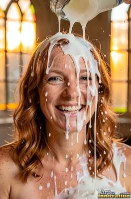 Freckles cover the face of a smiling redhead woman inside a warm church as milk pours down her head