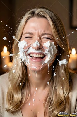 A blonde woman bursts out laughing as cream splashes across her face in warm candlelight