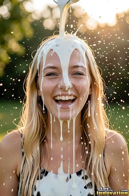 Facing forward outdoors, a laughing fair-haired woman ends up white milk poured over her head