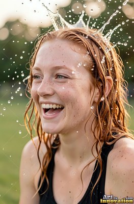 On a sunny lawn, a smiling redheaded woman is water splashed over her head