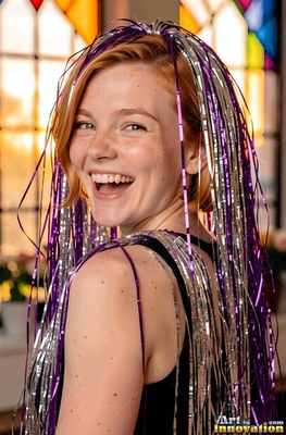 Laughing with shiny purple tinsel in her hair, a freckled woman turns around indoors