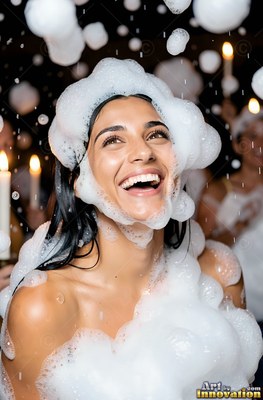 A woman with a smile covered in white soap bubbles