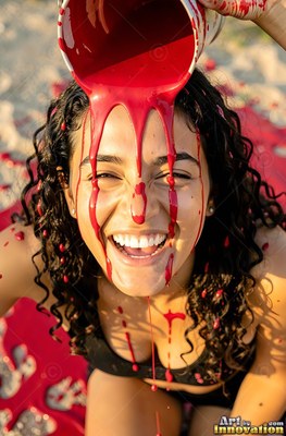 Dark curly hair frames a laughing woman outdoors in sunlight as thick red paint pours over her face