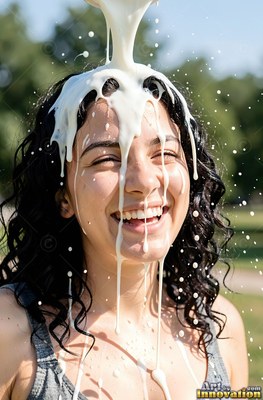 A woman laughs as thick milk pours over her head in bright sunlight
