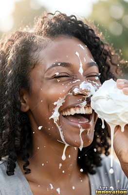 Turned in three-quarter view outdoors, a grinning woman ends up hit with whipped cream