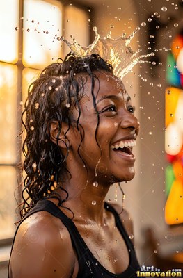 A smiling woman in a black tank top gets splashed on the head with water indoors