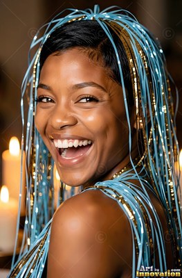 In a dim room, a laughing woman wears blue and gold tinsel strands on her head