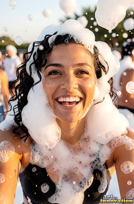Smiling in bright sunlight, a woman is covered in white soap foam outdoors