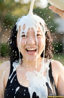 Dark curly hair frames a woman in laughter outdoors as white milk pours over her head