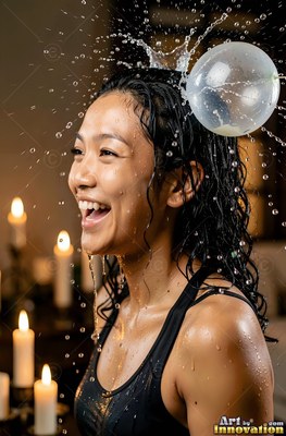Turned in profile, a grinning woman finds herself hit by a water balloon indoors