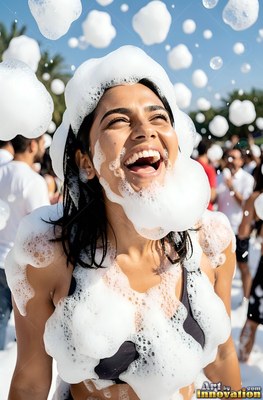 At a bright foam party, a giggling woman is covered in white bubbles