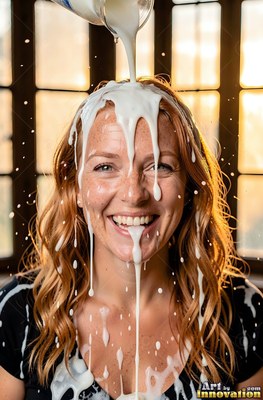 Smiling woman is white milk poured over her head