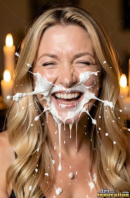Blonde hair frames a laughing woman by candlelight as white cream splatters across her face