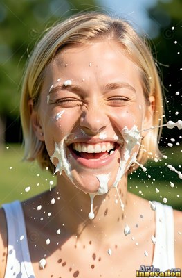 Facing forward outdoors, a laughing woman with blonde hair gets splashed with plain white milk