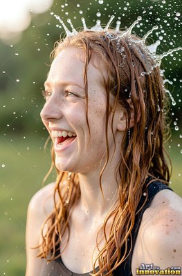 A laughing redheaded woman outdoors as water splashes over her head like a crown