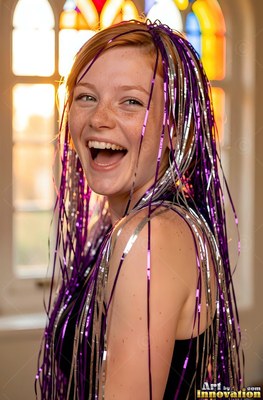 Before a stained glass window, a woman laughing wears purple and silver tinsel
