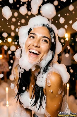 Laughing happily, a dark-haired woman is covered in thick white foam bubbles