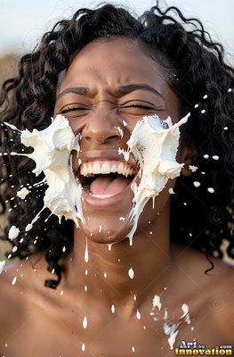 A woman breaks into laughter with her eyes shut as thick white cream splashes over her cheeks in bright daylight