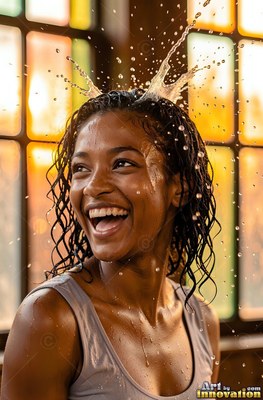 Smiling head turned slightly by a window, a woman gets splashed with water