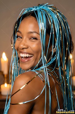 A grinning woman looks over her shoulder with blue streamers falling on her hair