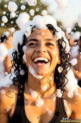 Outdoors in bright sunlight, a woman laughs as white foam covers her head and black tank top
