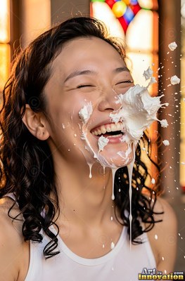 In a white tank top by a stained-glass window, a laughing woman gets hit in the face with cream