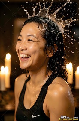 A smiling woman gets splashed on the head with water under warm candlelight