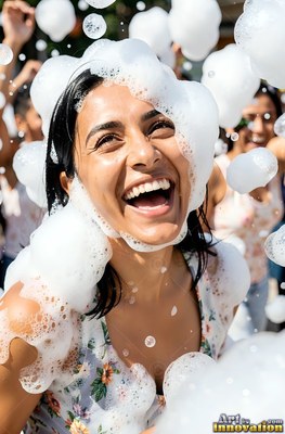 A woman with a smile in a floral dress is covered in floating white foam bubbles outdoors
