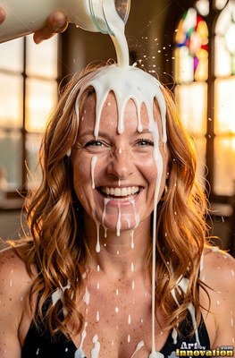 Laughing happily, a red-haired woman has white milk poured over her head